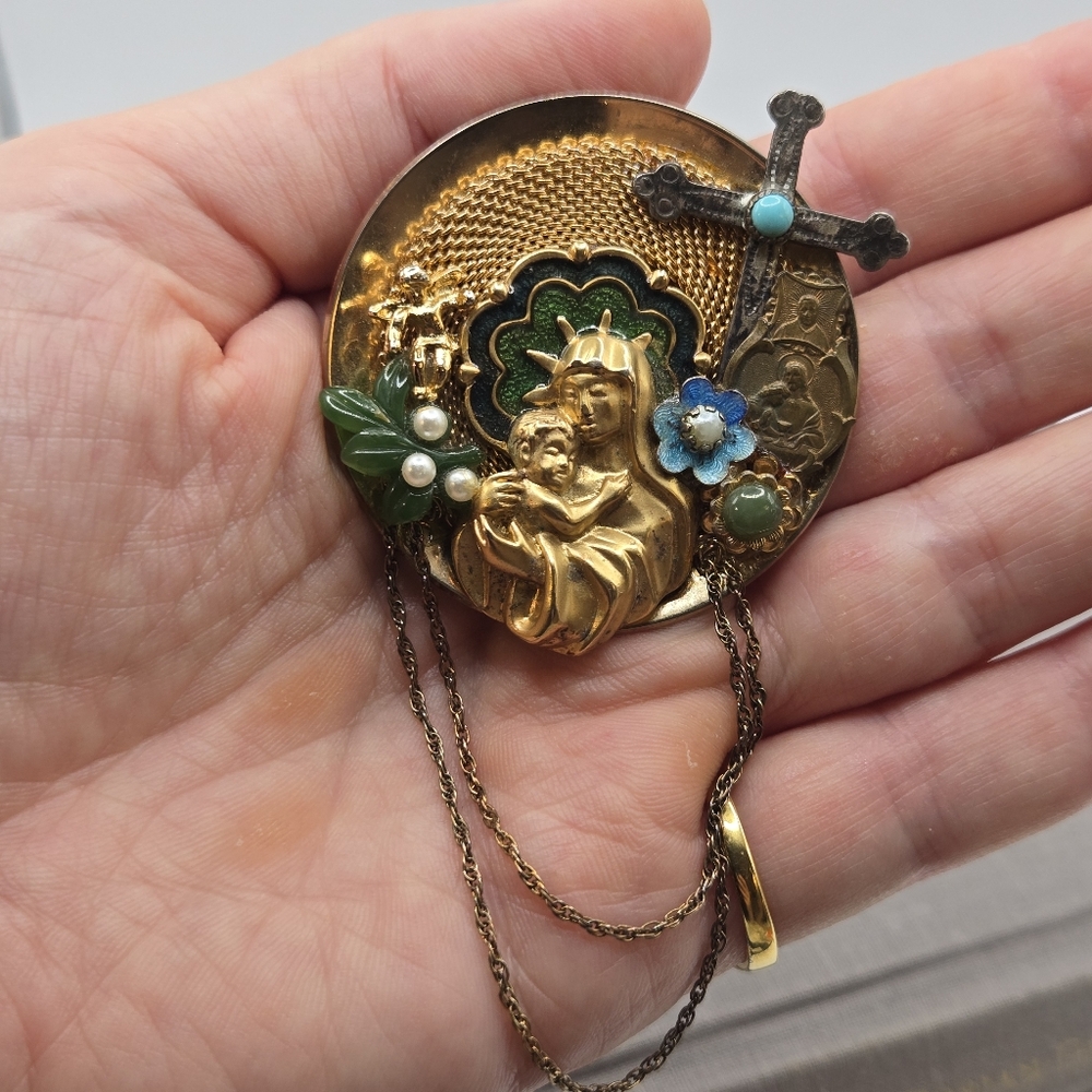 Virgin Mary Baby Jesus Brooch Pin Gothic AVON Upcycled reworked